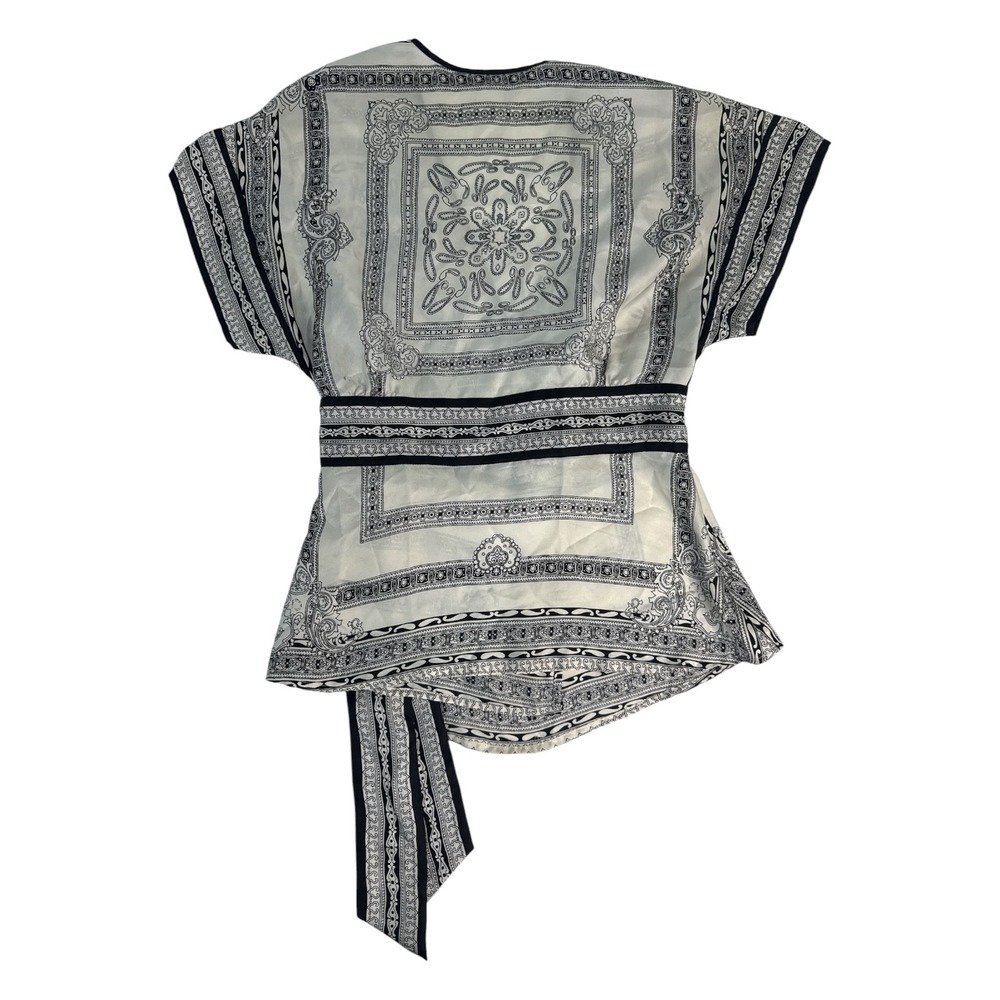 White House Black Market Cream and Black Patterned Wrap Blouse - Picture 3 of 6